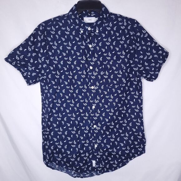 Onia Linen Shirt Mens Small Navy Paisley AOP Casual Beach - Picture 2 of 11
